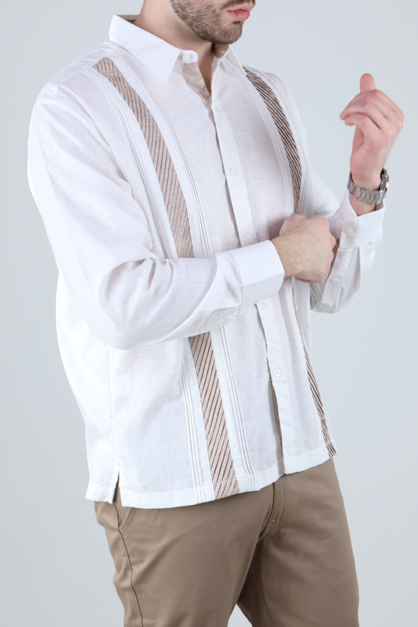 Camisa Guayabera Hombre Manga Larga Con Alforzas Y Contraste En Pecho